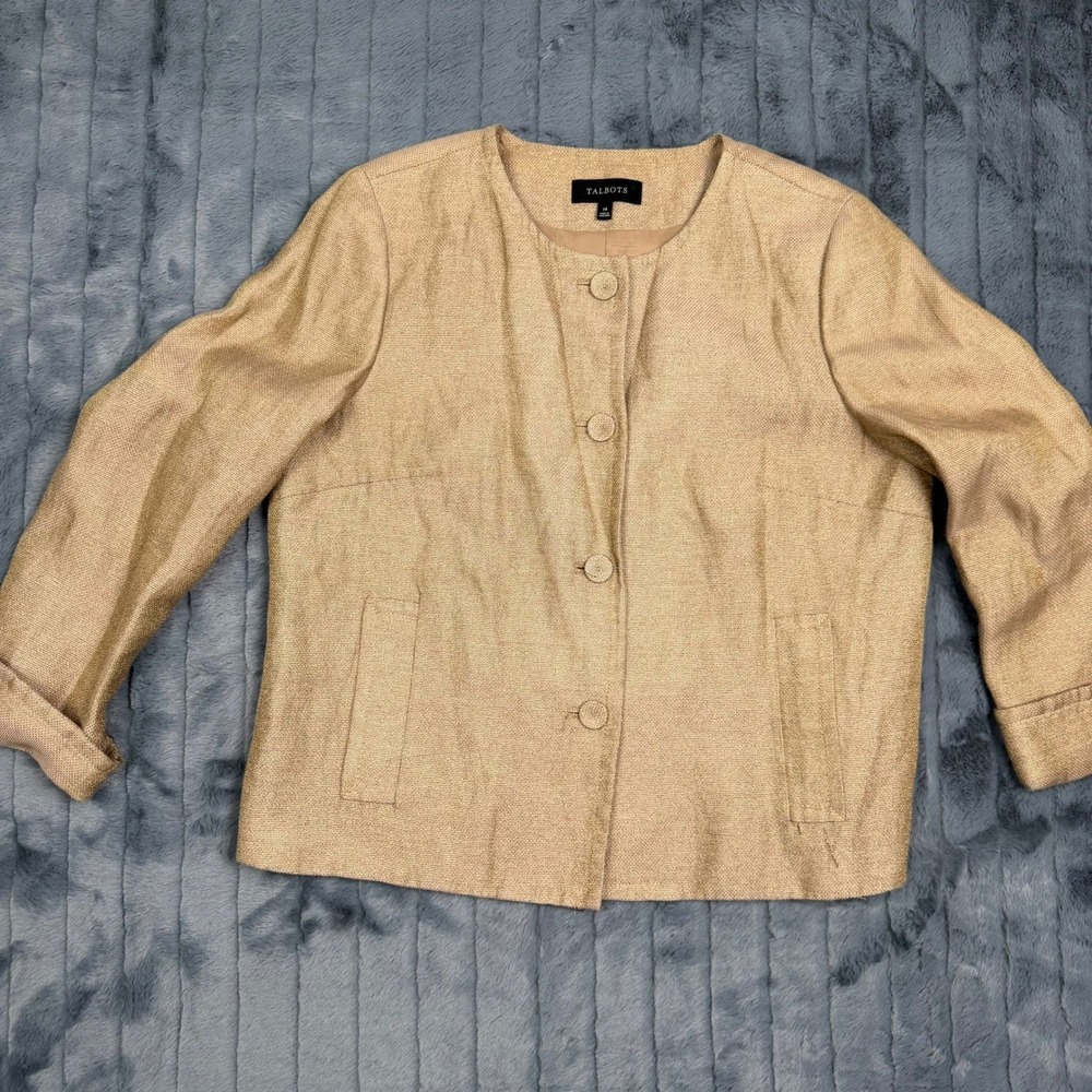 Talbots Gold Metallic Linen Blend Collarless Button Front Jacket Womens 14